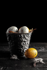 Happy easter! Easter eggs on wooden background