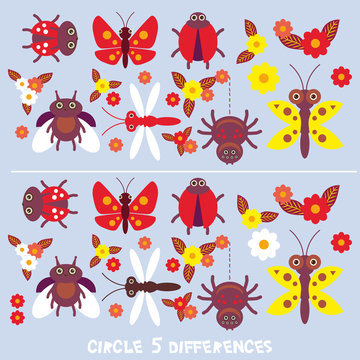 circle 5 differences Educational Game for Preschool Children Picture puzzle: Find the five differences between the two pictures insects Spider butterfly dragonfly ladybugs on blue background. Vector