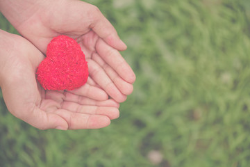 Woman giving red heart on green grass background and love in valentine's day. People, charity, family and Love concept.