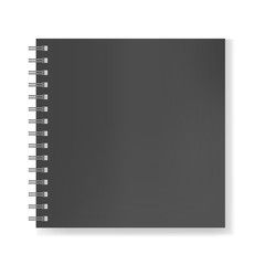 Fototapeta premium Realistic black square notebook on spiral binder mockup, copybook blank cover. Clear elegant dark men notepad or sketchbook front page with shadow