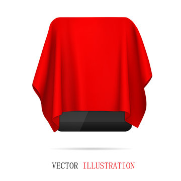 Tablet Covered Red Cloth, Presentation Of New Tablet, Gift.