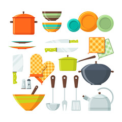 Bowl, fork and other kitchen tools in cartoon style