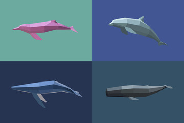 Naklejka premium Dolphin and whales in low-poly style