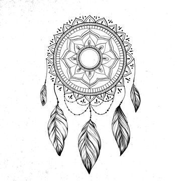 Dreamcatcher with feathers and branches. Sweet dream. Native American Indian talisman. Vector hand drawn illustration isolated on white background. Boho design, tattoo art.