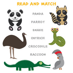 Naklejka premium Kids words learning game worksheet read and match. Funny animals ostrich raccoon snake crocodile panda parrot Educational Game for Preschool Children Picture puzzle. Vector