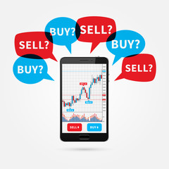 Forex trade candlestick graph on smartphone screen with speech bubbles Buy and Sell vector illustration. Stock exchange market graph on mobile device creative concept.
