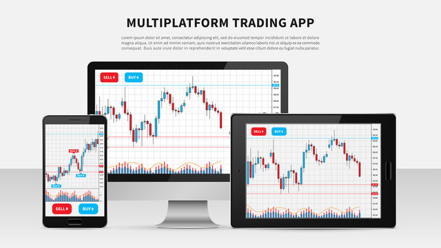 Trading candlestick chart on electronic devices vector illustration. Stock exchange market graph on smartphone, desktop and tablet creative concept. Forex trade chart graphic design.