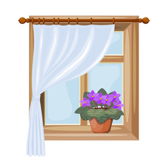 Color image of a window with curtains on a white background. Vector illustration of a window with a flower of violet