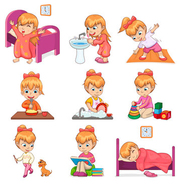 Little Girl Does Daily Routine Illustrations Set