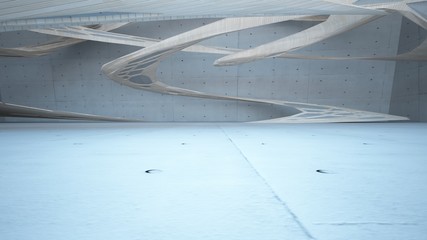 Abstract  concrete and wood parametric interior  with window. 3D illustration and rendering.