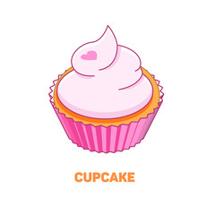 Cupcake with heart color isometric style icon with outline, fastfood concept illustration