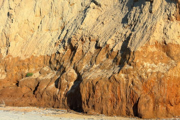 Close-up of a loamy ravine wall as an environmental texture background. Seaside coastal erosion with clay soil
