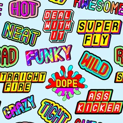 Fotobehang Seamless pattern with slang words and phrases: dope, straight fire, funky, deal with it, crazy, awesome, etc. Patches, badges, pins, stickers in 80s cartoon comic style. Light blue background. © InnaPoka