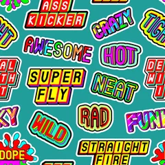 Fotobehang Seamless pattern with slang words and phrases: dope, straight fire, funky, deal with it, crazy, awesome, etc. Patches, badges, pins, stickers in 80s cartoon comic style. Green background. © InnaPoka