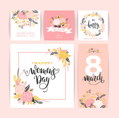 International Women's Day. Vector templates with flowers and lettering.