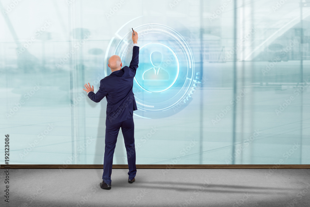 Poster businessmanin front of wall with a shinny technologic network contact button - 3d render