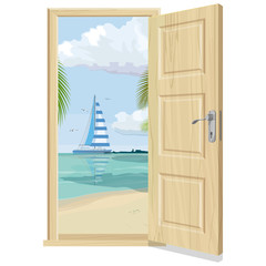  Open doors and beach landscape with a sailboat. Realistic wooden door.