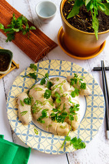 Cooked chicken in Cantonese. Chinese cuisine view from above