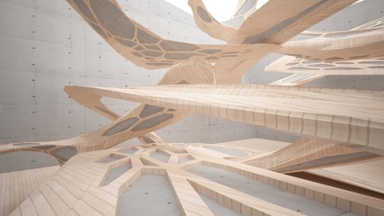 Abstract  concrete and wood parametric interior  with window. 3D illustration and rendering.