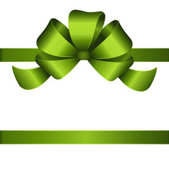 Decorative green bow with horizontal greeen ribbons isolated on white. Vector green  gift bow with  ribbon for page decor. New year holiday decorations