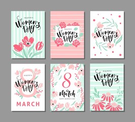 Set of six greeting cards for international womens day with сalligraphic hand written phrase. Eight march. Hand drawn elements. Vector design.