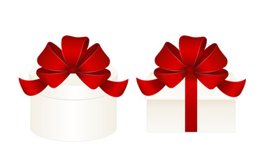 Set of white gift boxes with red bow isolated on white Background.