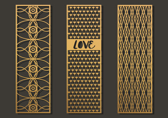 Laser cut template panels set. Die cut geometric pattern rectangle shape for metal , wooden, paper, engraving, stencil, bookmark. Vector illustration design.
