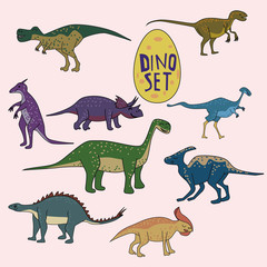 Set of dinosaurs, funny cute animals, isolated, vector, illustration
