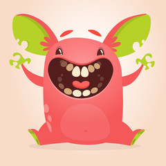 Cute happy cartoon red monster with big ears laughing. Halloween vector illustration.