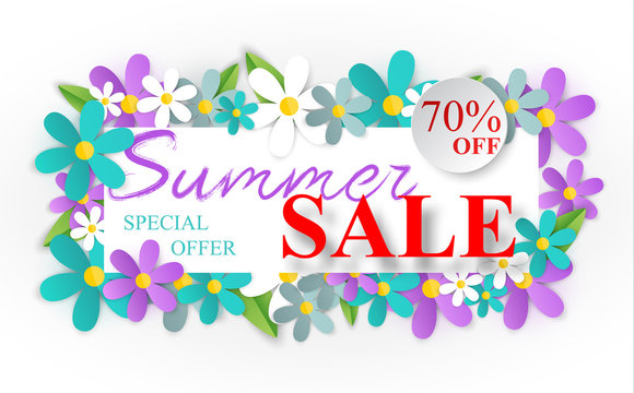 Design of the summer banner with bright flowers frame.