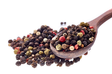 Shichimi pepper in Wooden spoon on white background,Blend of spices