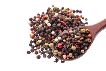 Shichimi pepper in Wooden spoon on white background,Blend of spices