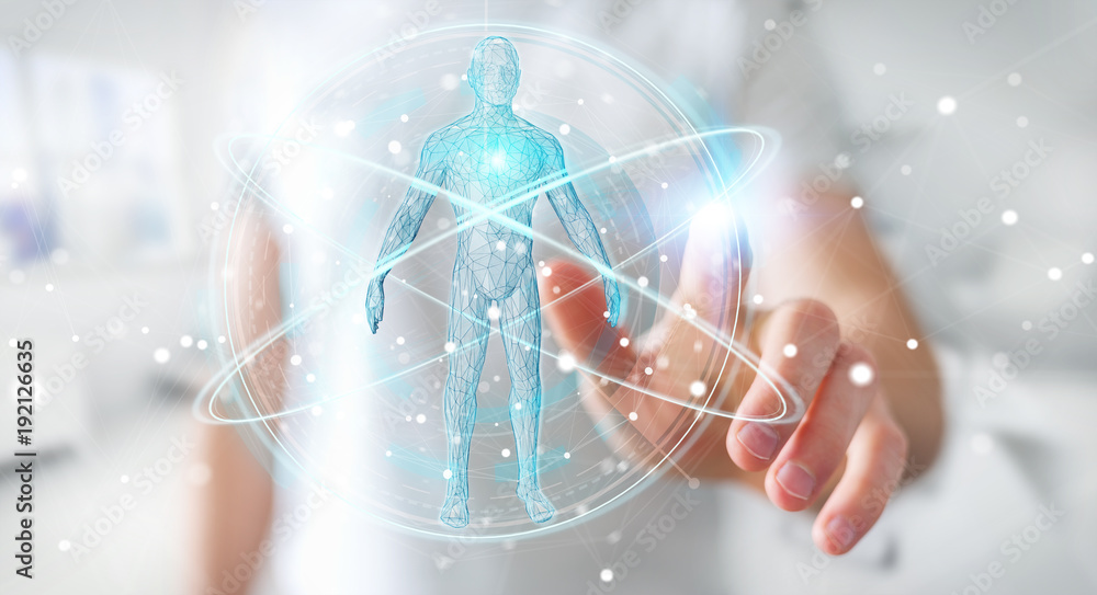 Poster Businessman using digital x-ray human body scan interface 3D rendering