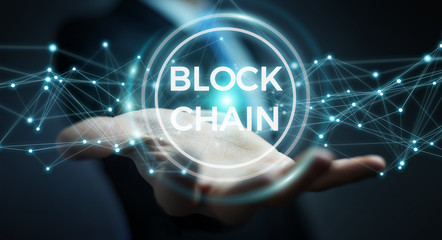 Businessman using blockchain cryptocurrency interface 3D rendering