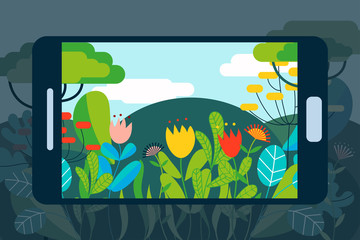 AR concept vector illustration with smartphone for augmented reality on natural landscape
