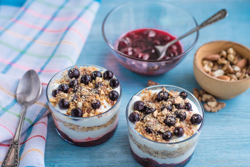 Delicious dessert - yogurt parfait with jam, nuts and currants in a glass