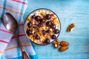 yogurt parfait with granola and currant in a glass on a rustic  background