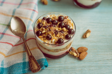 yogurt parfait with granola and currant in a glass on a rustic  background