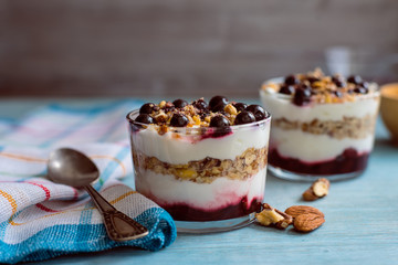 yogurt parfait with granola and currant in a glass on a rustic  background
