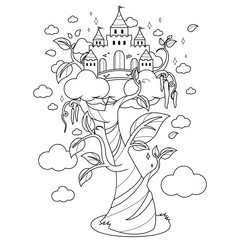 Magic beanstalk and a castle. Vector black and white coloring page.