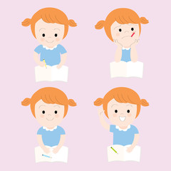 Action cartoon cute little girl on pink background, Education vector.