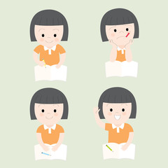 Action cartoon cute little girl on green background, Education vector.