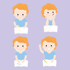 Action cartoon cute little boy on purple background, Education vector.