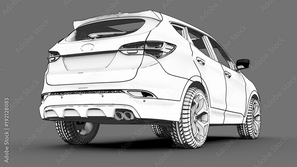 Aufkleber compact city crossover white color on a gray background. monochrome schematic image with shadows on 