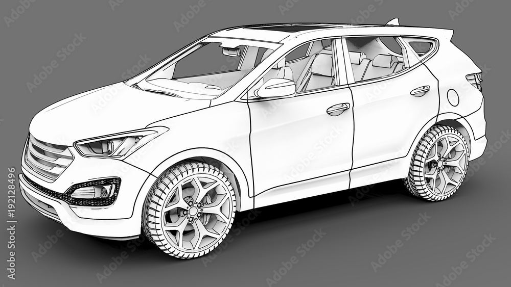 Aufkleber compact city crossover white color on a gray background. monochrome schematic image with shadows on 