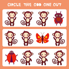 Visual logic puzzle Circle the odd one out. Kawaii brown monkey with pink cheeks and winking eyes, butterfly and ladybug pastel colors on pink background. Vector