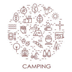 Outline illustration of  vector icons for web. Symbols of camping, outdoor activity, campgear and equipment for tourism. Travel.Camping line set.