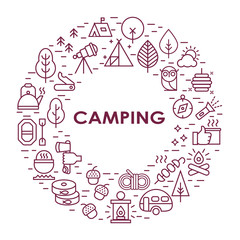 Outline illustration of vector icons for web. Symbols of camping, outdoor activity, campgear and equipment for tourism. Travel.Camping line set.