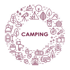 Outline illustration of  vector icons for web. Symbols of camping, outdoor activity, campgear and equipment for tourism. Travel.Camping line set.