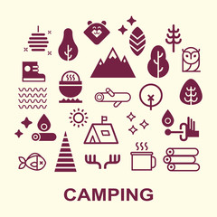 Camping icons set. Summer camping, outdoor, travel.